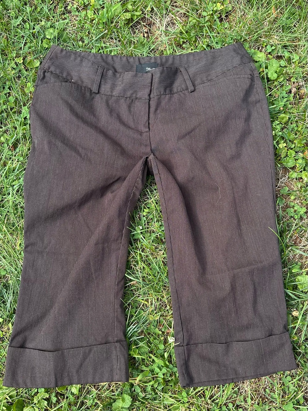 Y2K Office Siren Woman’s Knee Length Low-Rise Brown Pinstripe Dress Pant